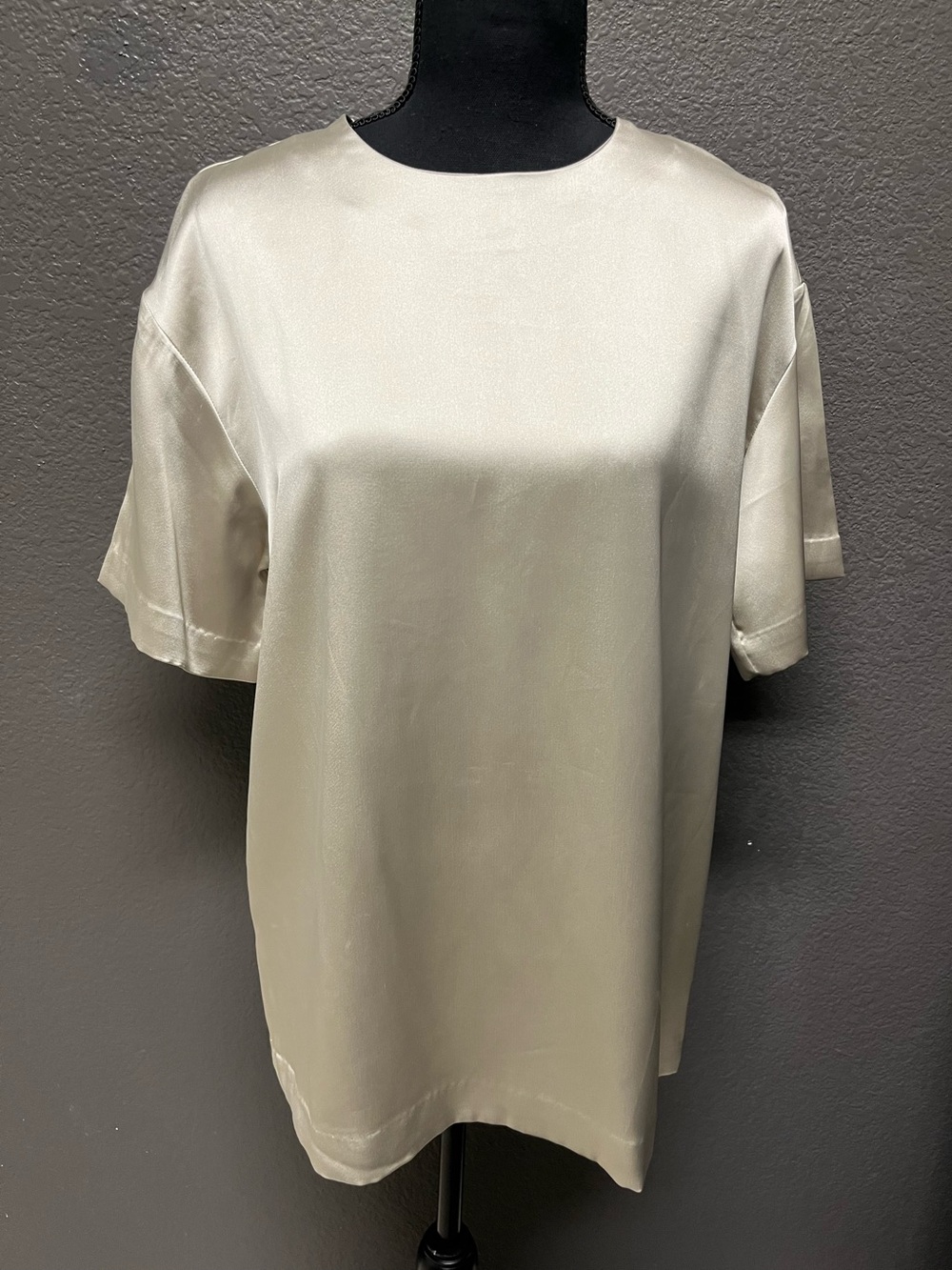 H&M Silky Satin Crew Neck Short Sleeve Blouse  Zip Back Sz Small Officewear